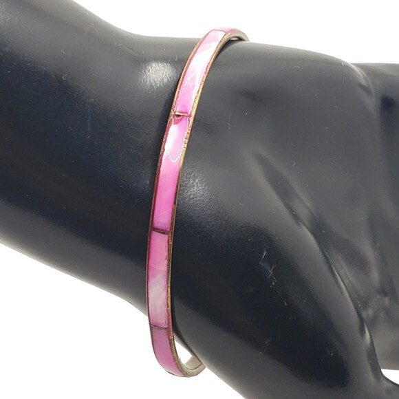 Vintage Inlay MOP Shell Brass Thin Bangle Bracelet Dyed Dark Pink - Picture 5 of 8